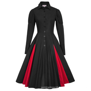 Belle Poque Retro Vintage viktorianischen Stil Langarm Shirt Kragen Kontrast Farbe Schwarz Swing Kleid BP000366-1